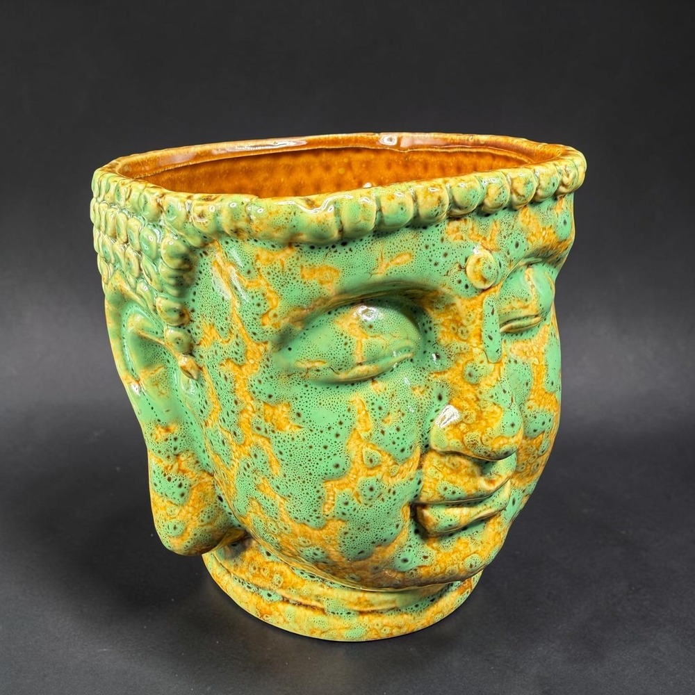 Streamline Ceramic Buddha Head Planter Green Amber Glaze Succulent Pot 5 Inch